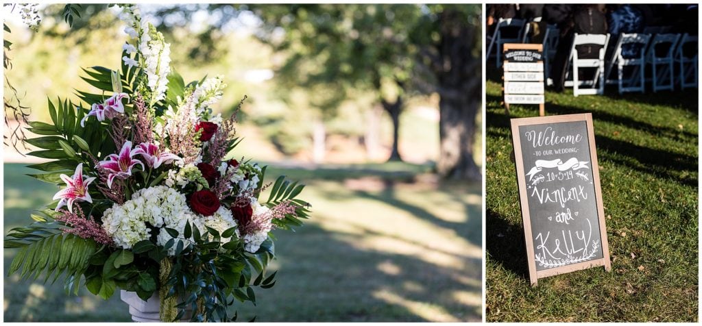 Ceremony florals and welcome sign at outdoor Brookside Country Club wedding