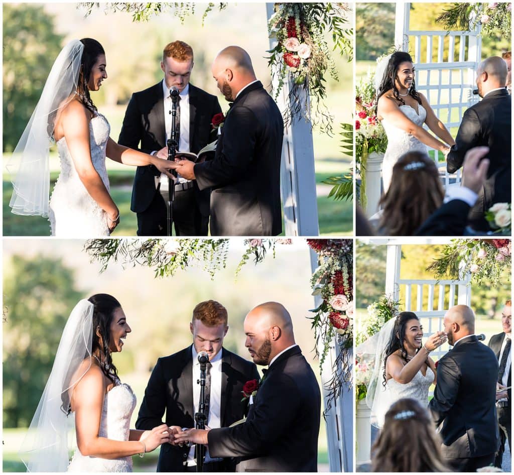 Bride and groom laugh and exchange rings during outdoor wedding ceremony at Brookside Country Club