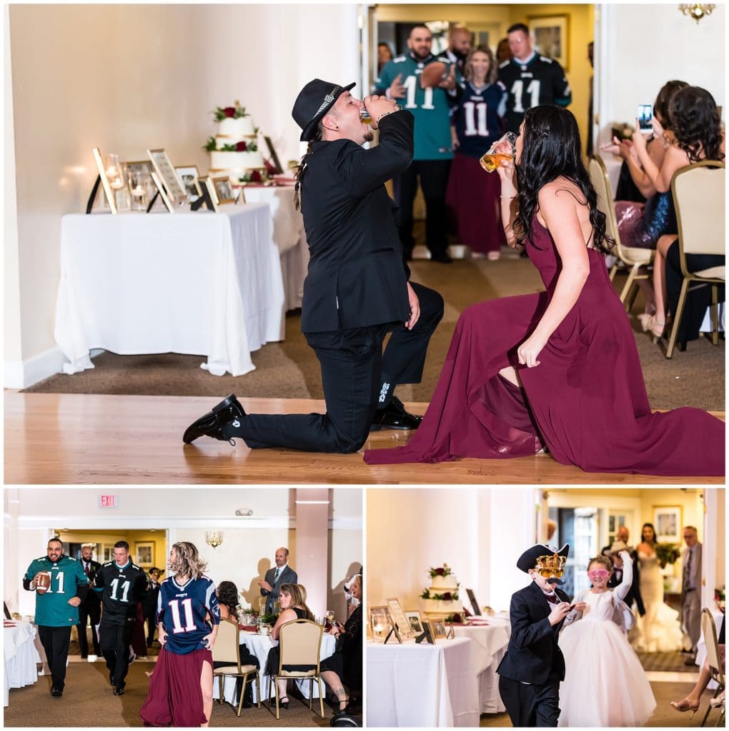 Wedding party fun entrances with drinking, football, and ring bearer and flower girl