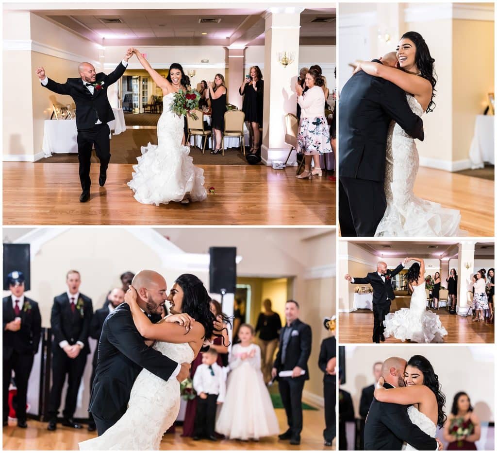 Bride and groom make entrance at wedding reception and share first dance