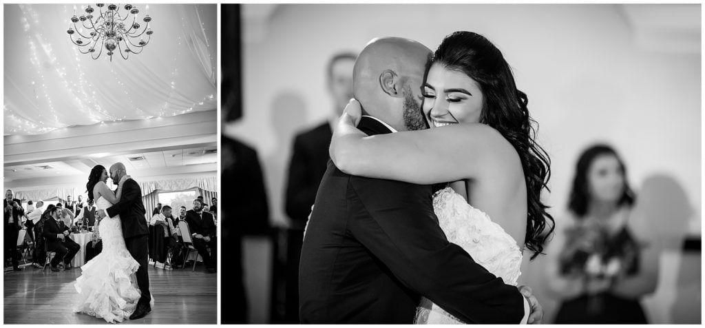 Black and white portraits of bride and groom first dance at Brookside Country Club wedding reception