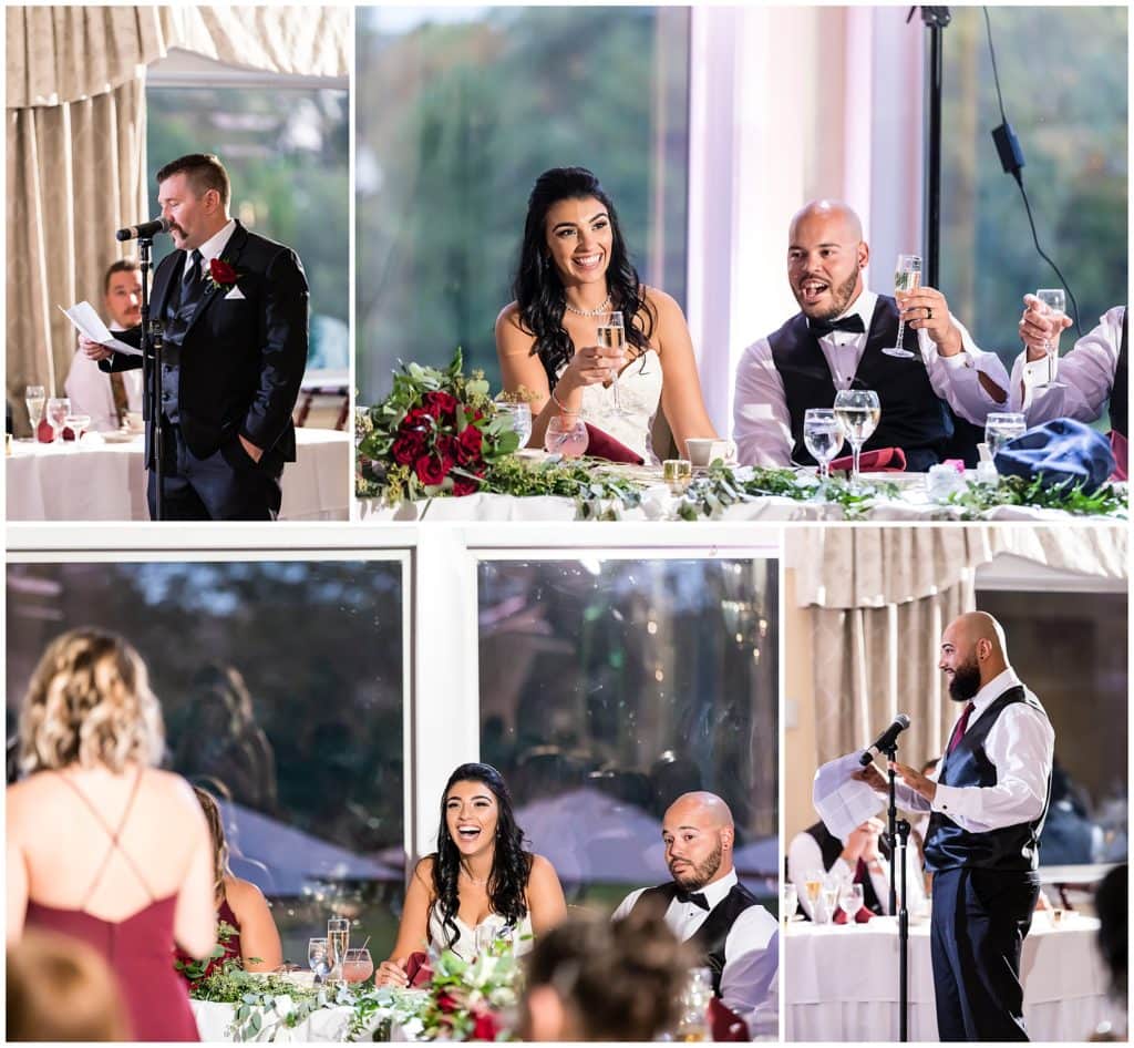 Bride and groom toasting and laughing during best man, maid of honor, and father speeches