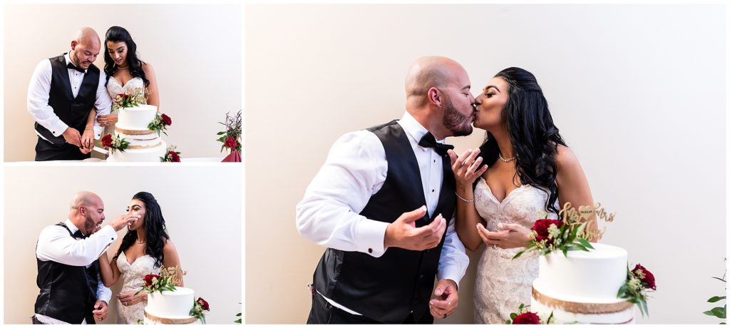 Bride and groom cut and feed each other wedding cake during reception