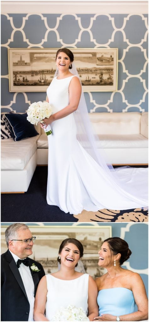 Traditional bridal portrait and parents of the bride laughing portrait