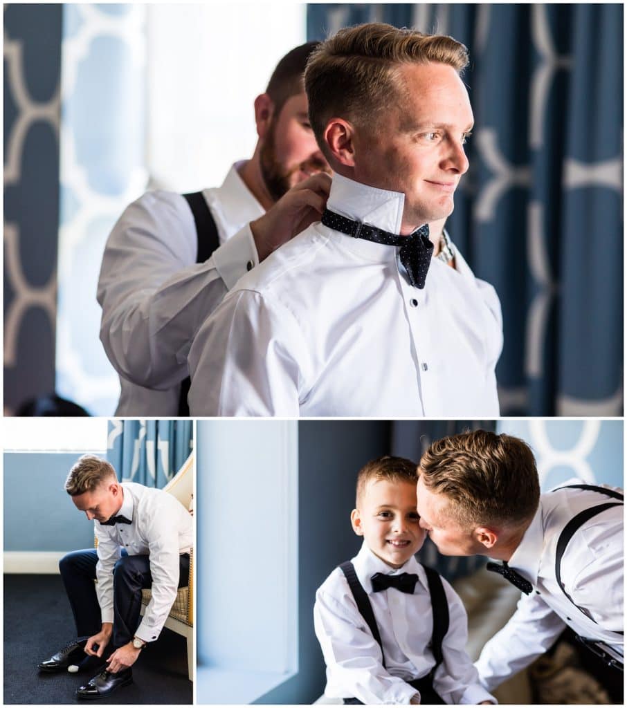 Groom prep with best man helping with tie and ring bearer