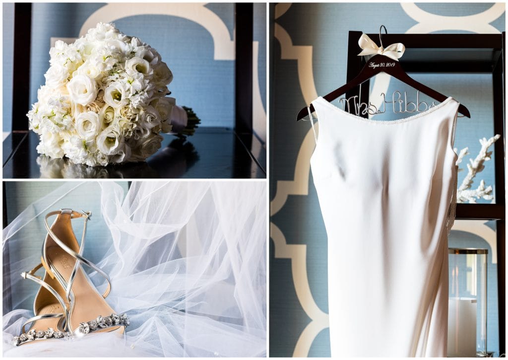 Bridal bouquet, shoes, veil, and wedding dress with Mrs hanger