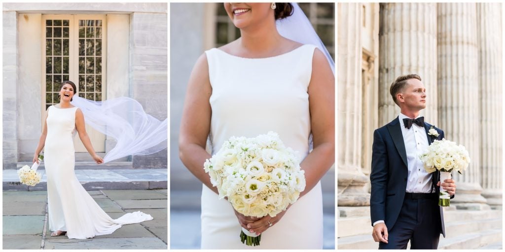 Bride and groom singular portraits with bridal bouquet and long veil