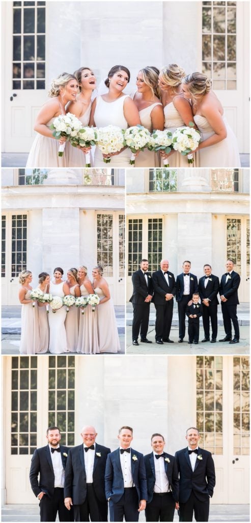 Bridal party laughing together with serious groomsmen portraits