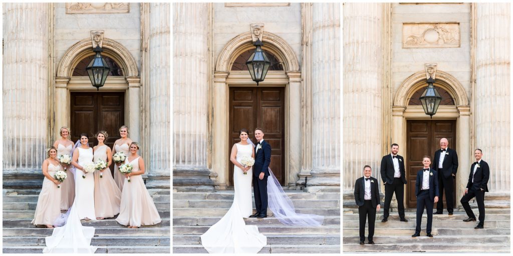 wedding party portraits on stairs at Second National Bank