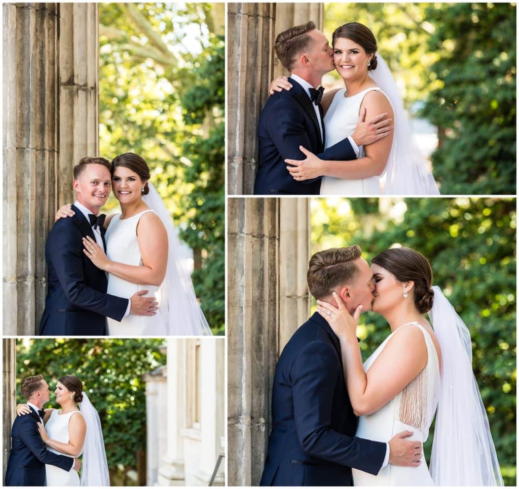 Romantic bride and groom portraits smiling and kissing against column