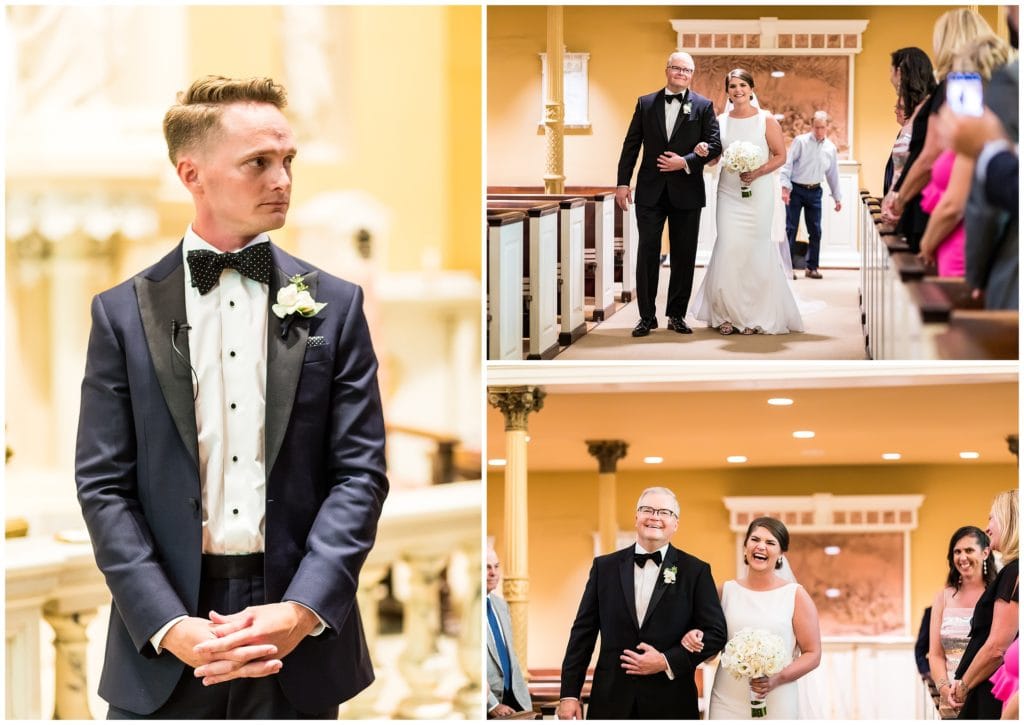 Groom watching father of the bride and bride walk and laugh down the aisle towards him