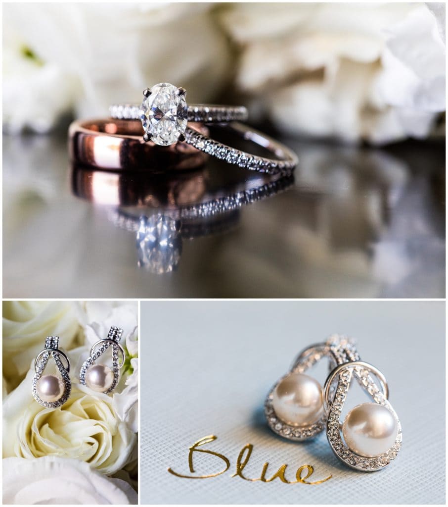 Bridal accessory details with engagement ring, wedding bands, earrings, and something blue