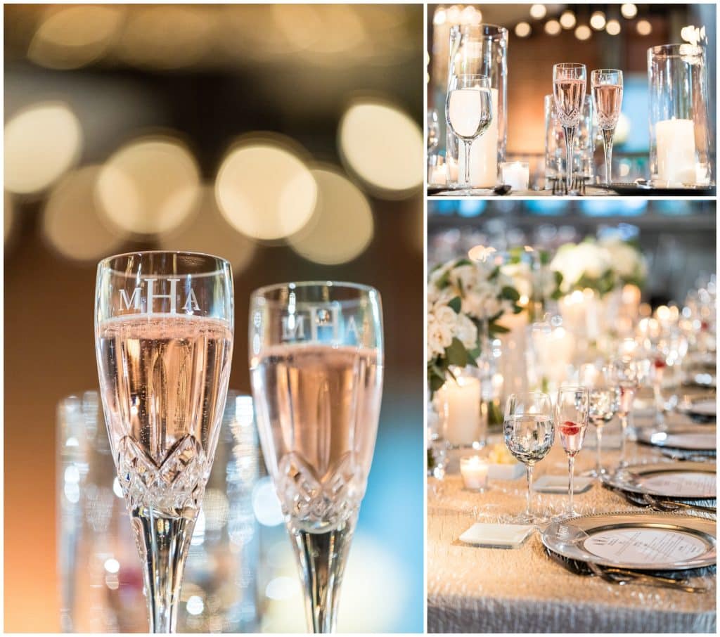 Custom bride and groom monogramed champagne glasses and Tendenza wedding reception details
