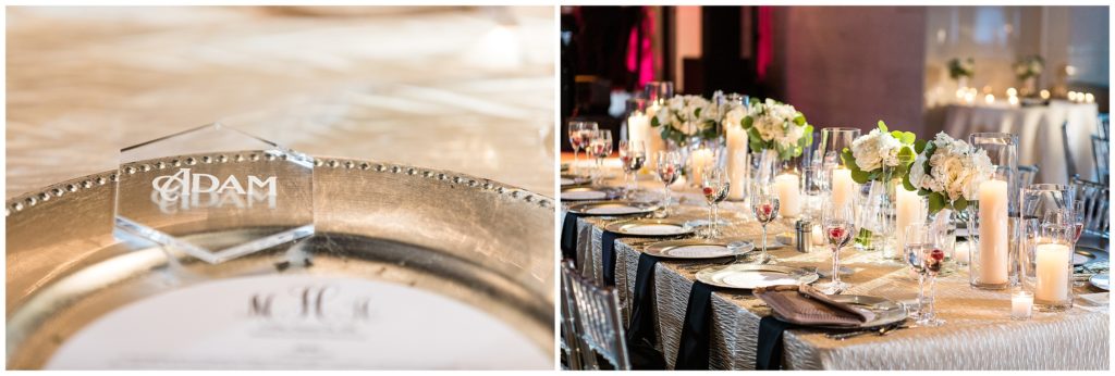 Custom glass engraved place cards and table details at Tendenza wedding reception