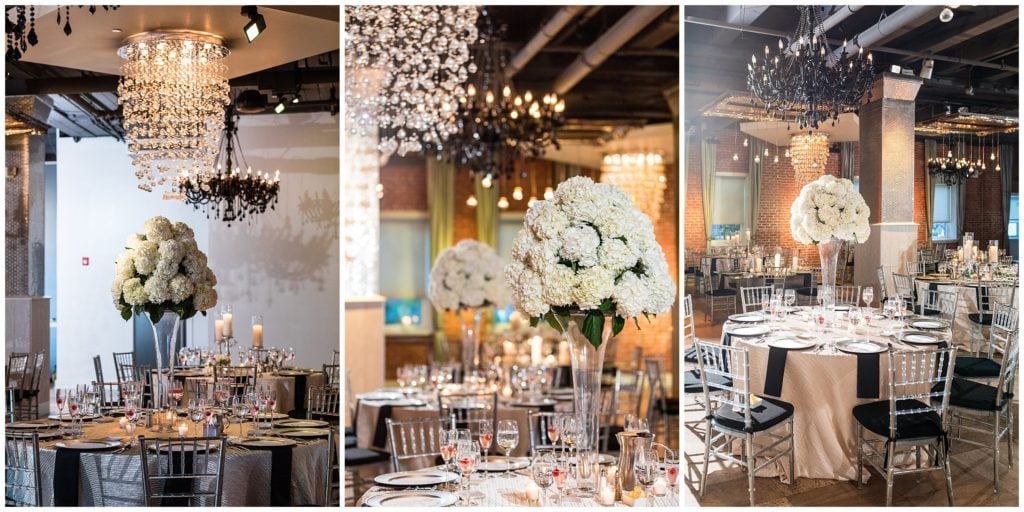 Tendenza wedding reception room setup with large with floral Hydrangea centerpieces