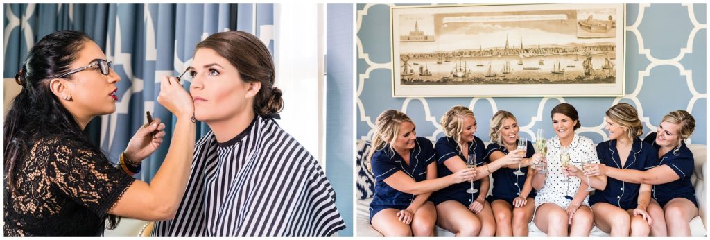 Bride getting makeup done and bridesmaids cheers-ing in matching pajamas