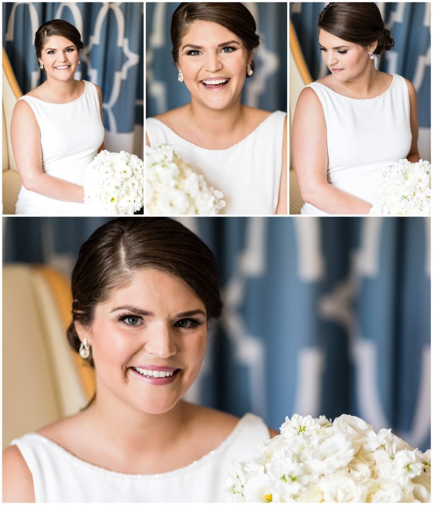 Traditional window lit bridal portrait with bride laughing and smiling