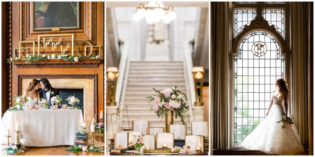 sweetheart table, seating card table, and bride standing in beautiful glass window at the College of Physicians - Best Philadelphia Wedding Venues 