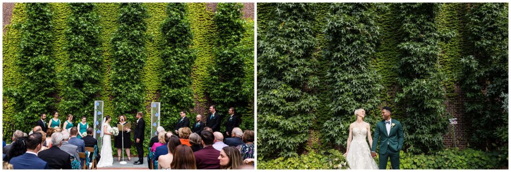 Ivy covered wall during wedding ceremony at the College of Physicians - Best Philadelphia wedding venues 