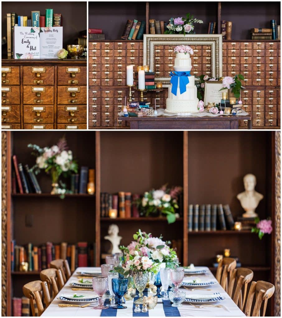 Cake table and reception table inside the College of Physicians - Best Philadelphia Wedding Venues