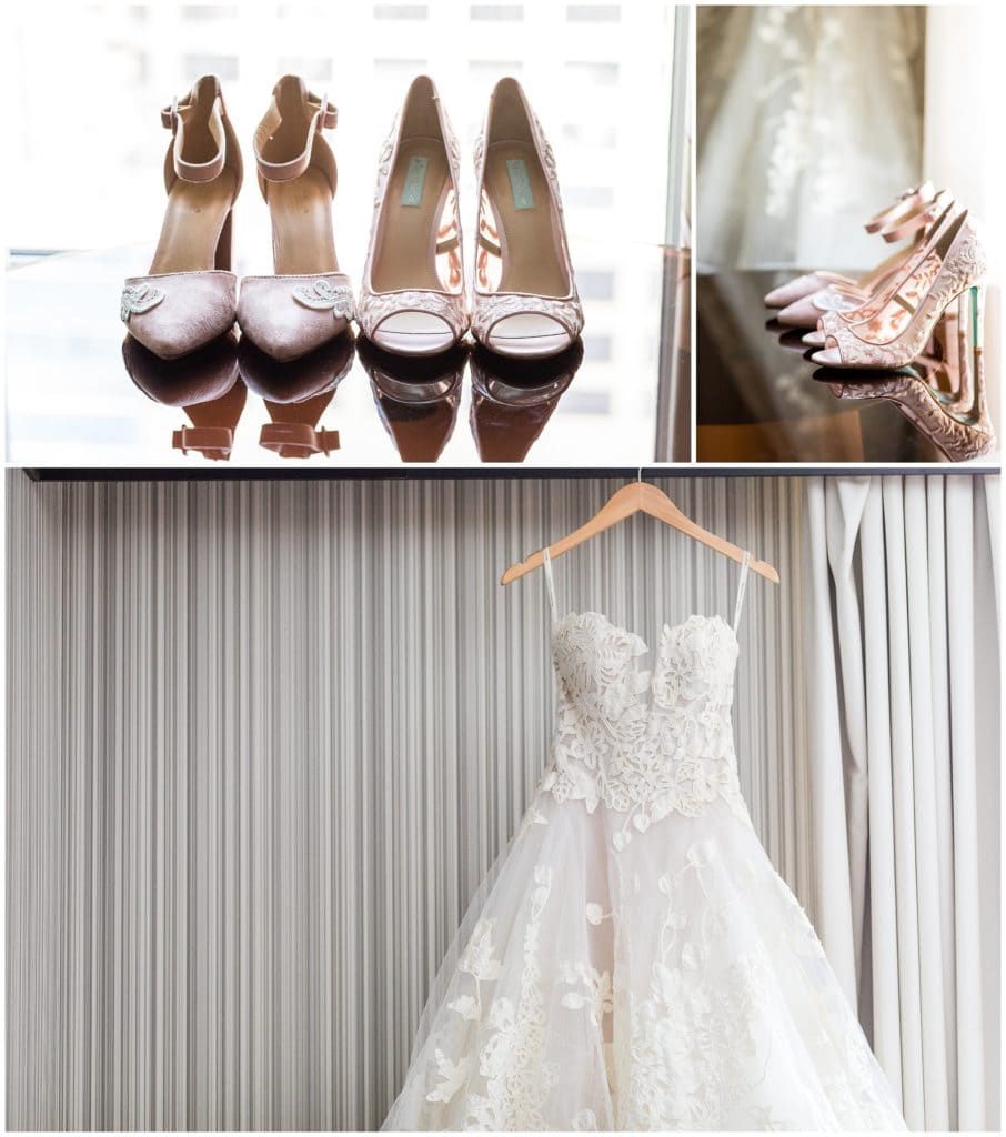 Pink lace bridal heels and lace wedding gown details