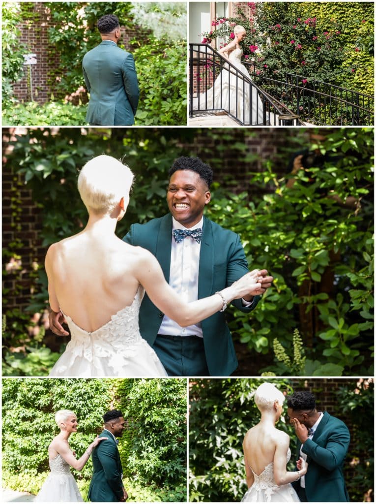 First look outside in green garden with groom crying when he sees his bride