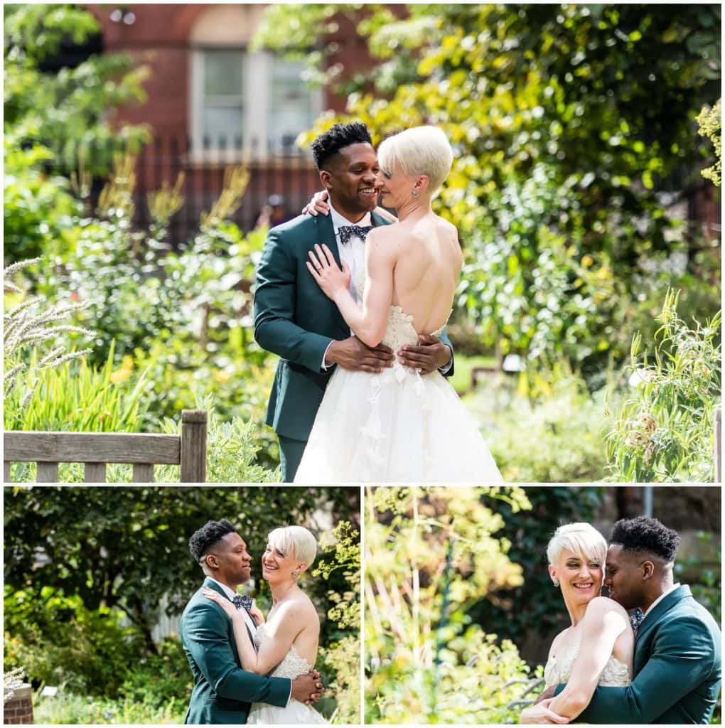 Sweet bride and groom portraits with couple laughing and embracing in green garden