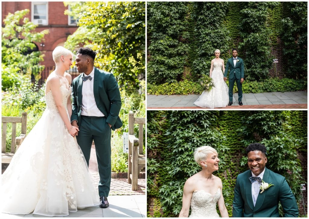 Romantic and serious bride and portrait portraits outside in green garden