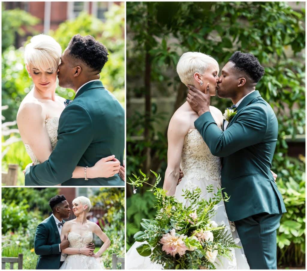 Romantic bride and groom portrait with kisses and whispers