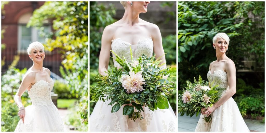Outdoor bridal portraits with green and pink bouquet and bride spinning in her dress