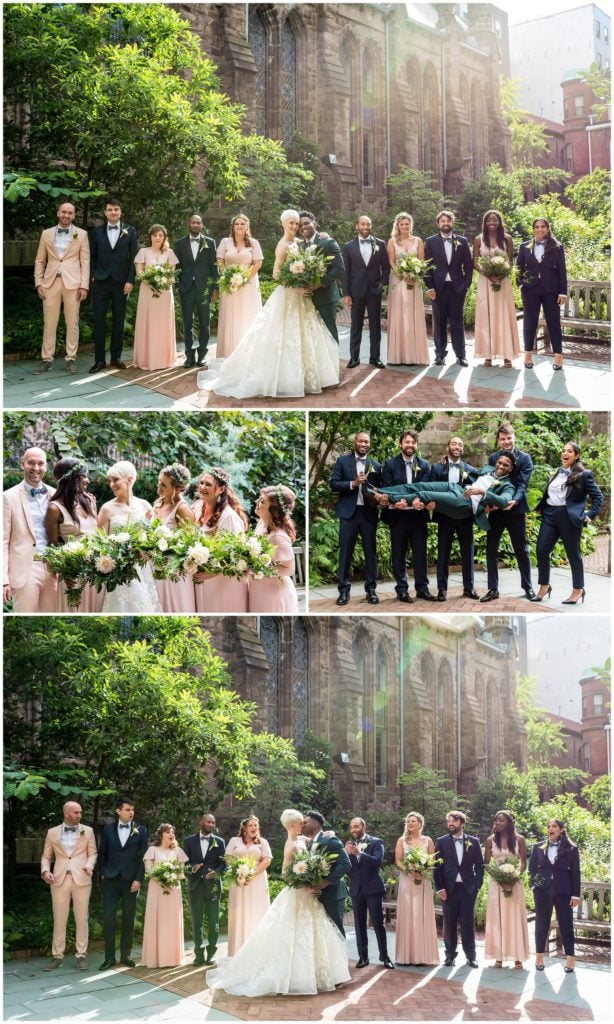 Unique wedding party with bridesmaids and groomsmen, groomsmen lifting the groom, bride and groom kissing with wedding party cheering