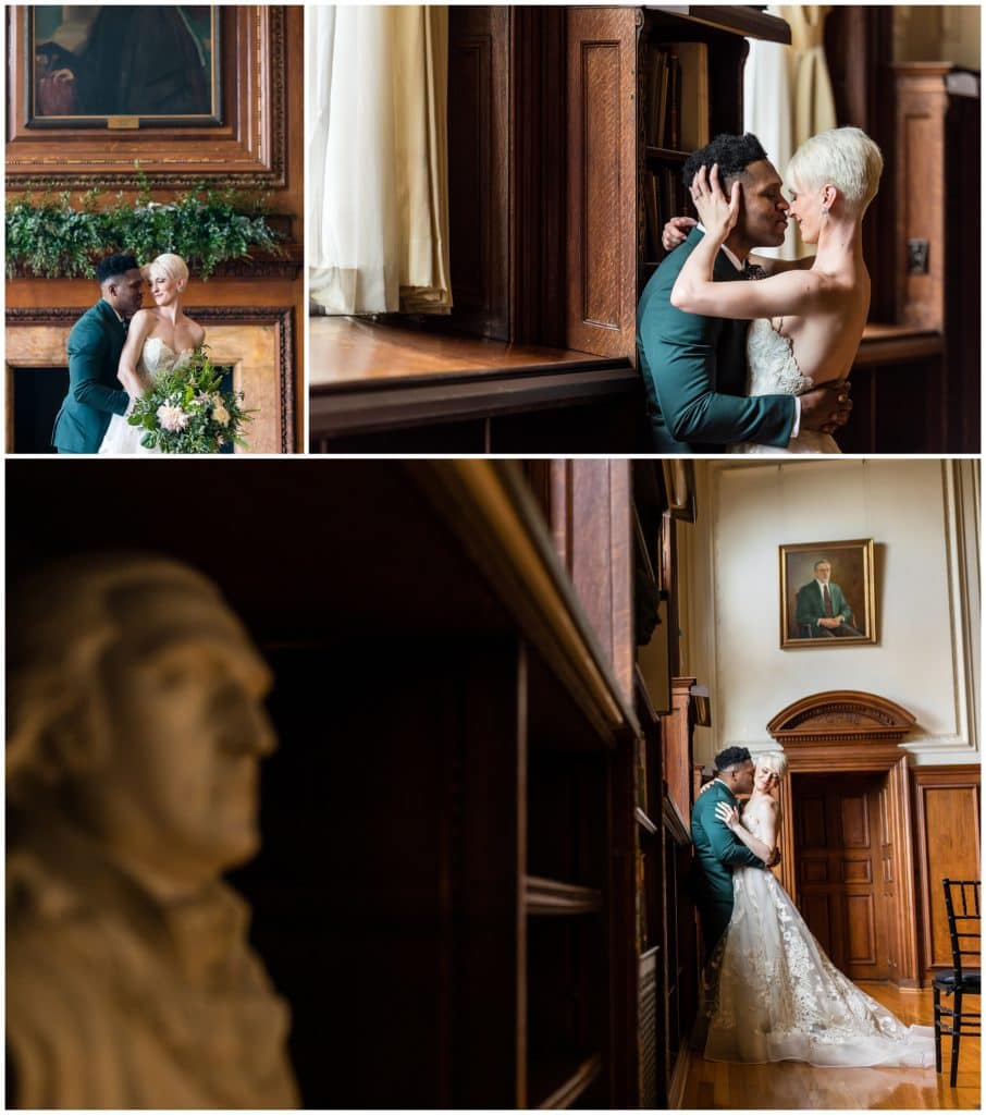 Dramatic bride and groom portraits in library and in front of fireplace