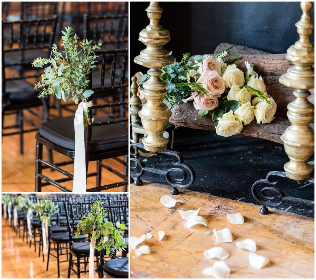 Ceremony details of indoor library wedding with florals and petals in aisle