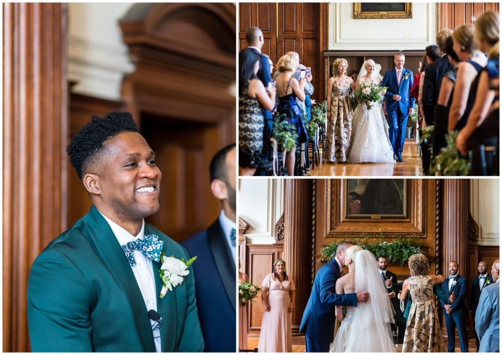 Groom watching bride walk down the aisle with her parents and bride kissing her father at the alter