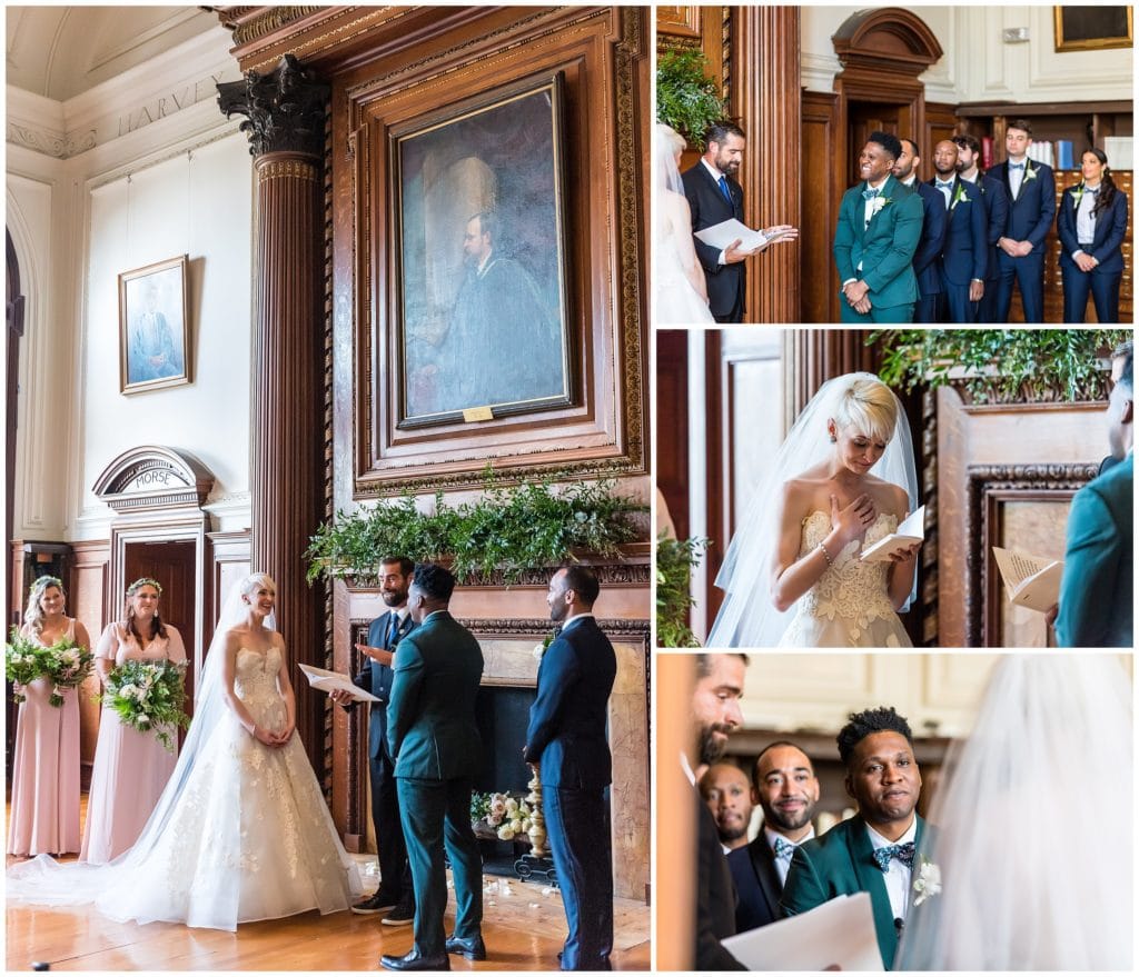 Bride and groom crying during wedding ceremony while reading personal handwritten vows