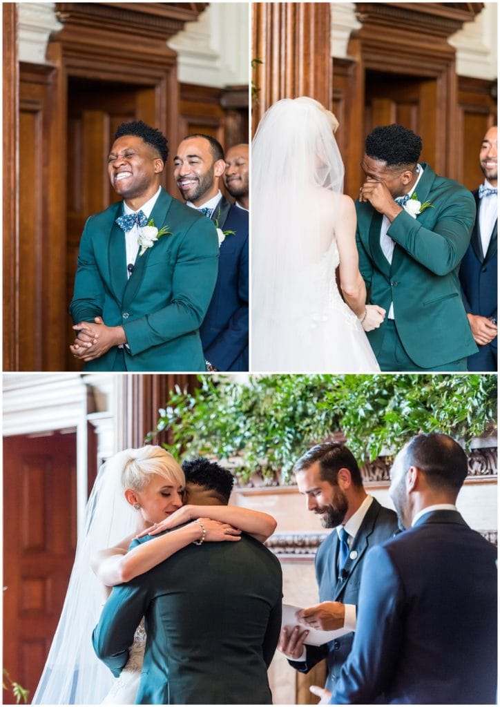 Groom laughing, crying, and hugging bride during wedding ceremony at College of Physicians