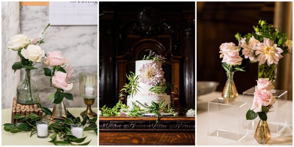 Floral details and wedding cake with lavish florals and greens