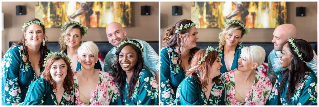 Bridesmaids in matching green floral robes and flower crowns