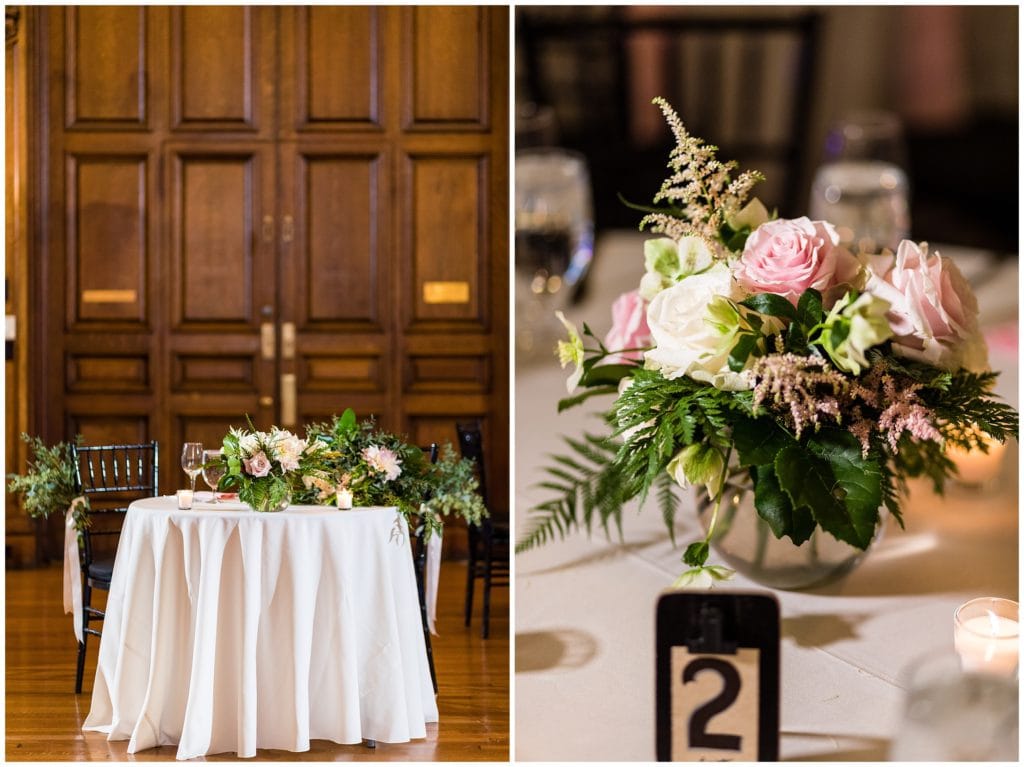 Bride and groom sweetheart table and pink and green floral centerpiece wedding reception details