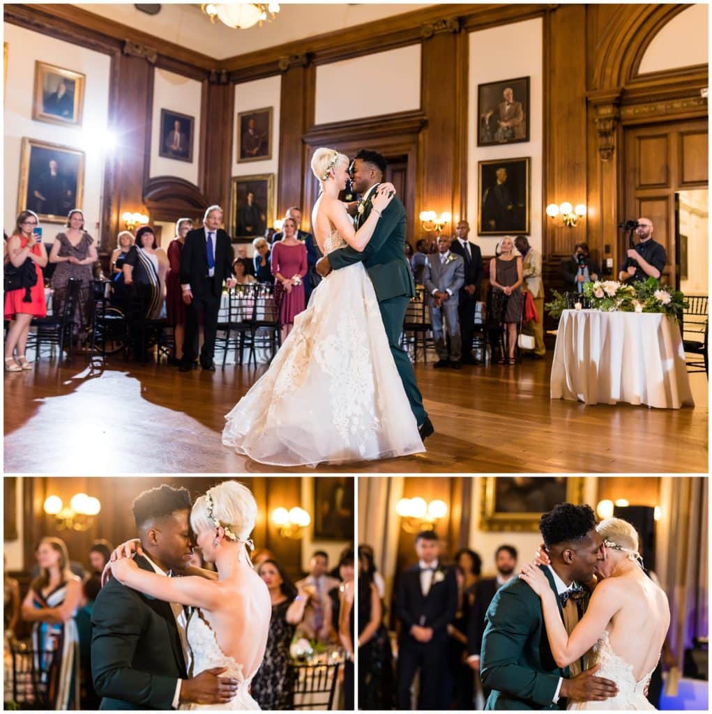 Bride and groom romantic first dance as husband and wife with groom whispering in his brides ear