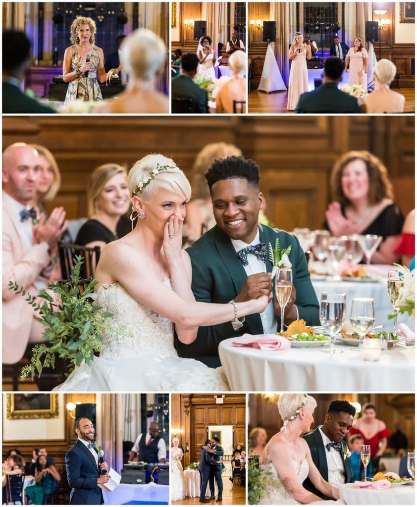 Mothers of bride and groom, maids of honor, and best man making toasts and speeches at College of Physicians wedding reception