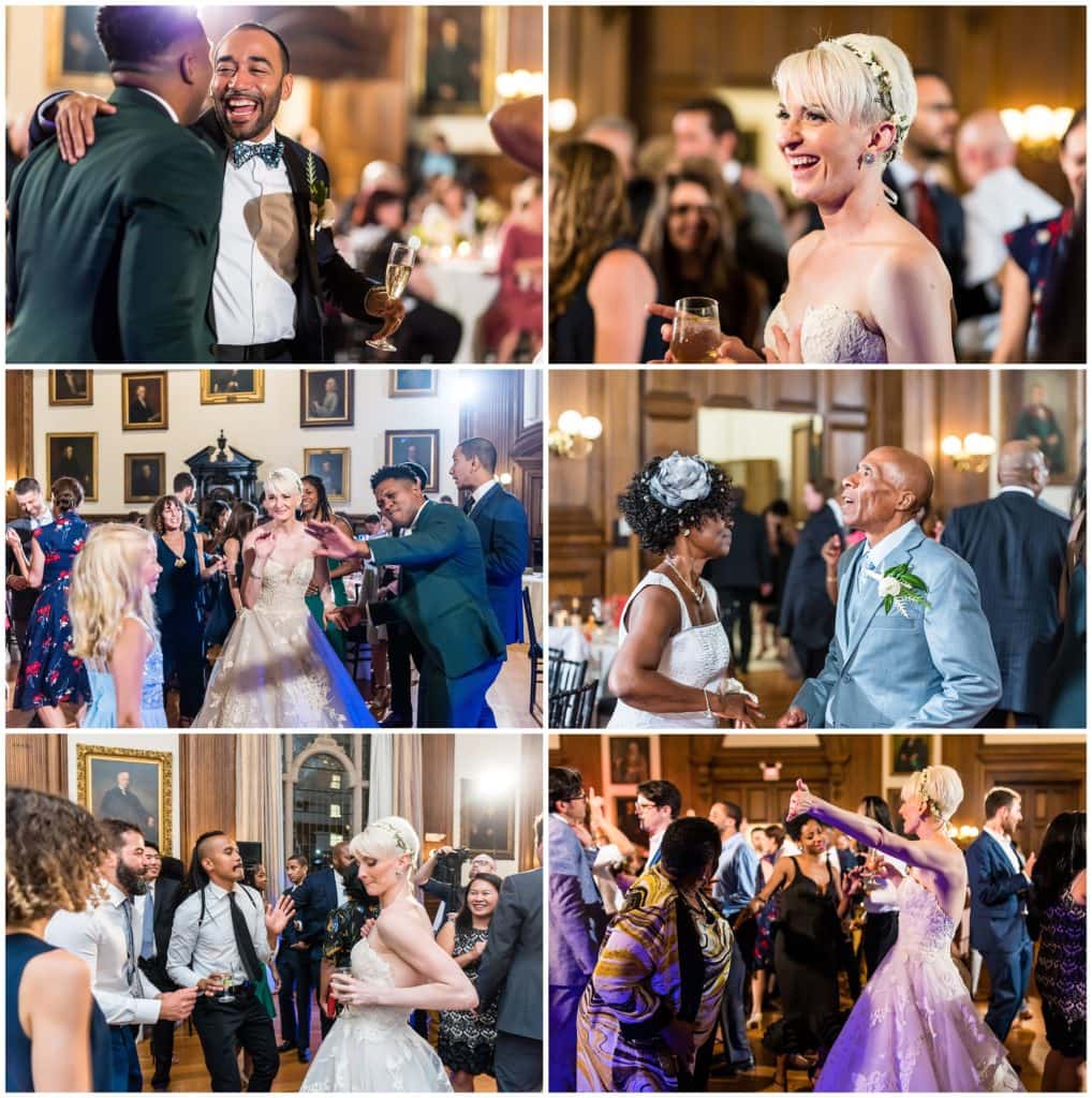 Fun indoor wedding reception dance floor with bride and groom dancing at College of Physicians wedding reception