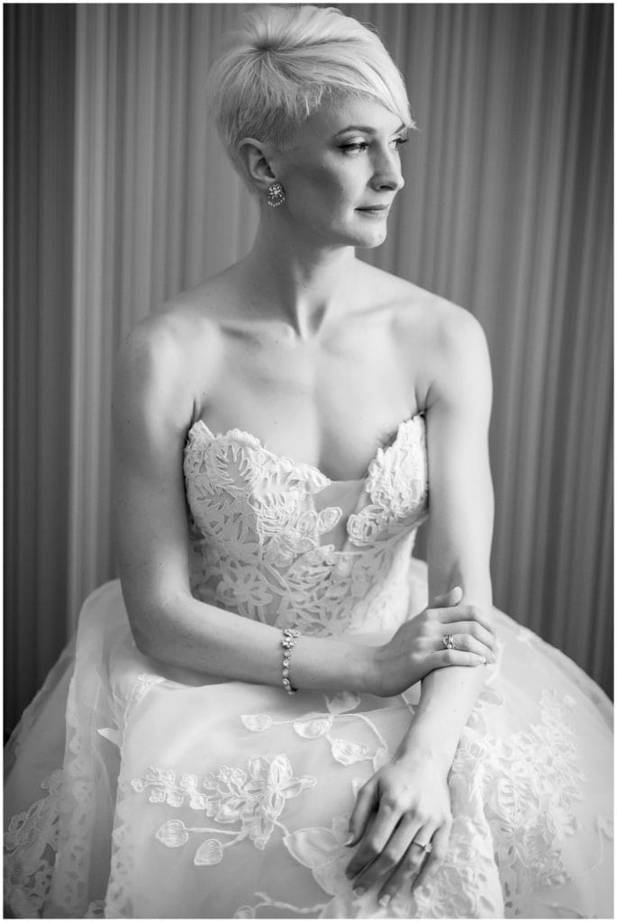 Black and white classic window lit bridal portrait