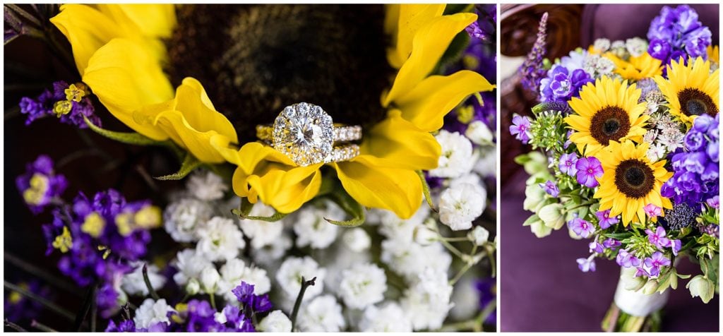 Wedding band and engagement rings with purple florals and sunflower bouquet