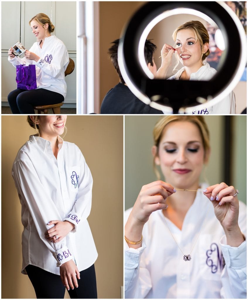 Bride opening her gifts with coffee mug, monogram necklace, getting her makeup done, and custom embroidered shirt with wedding date and initials of bride