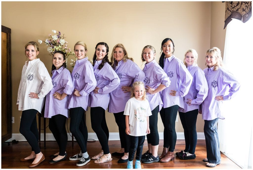 Bridesmaids with matching purple monogram shirts