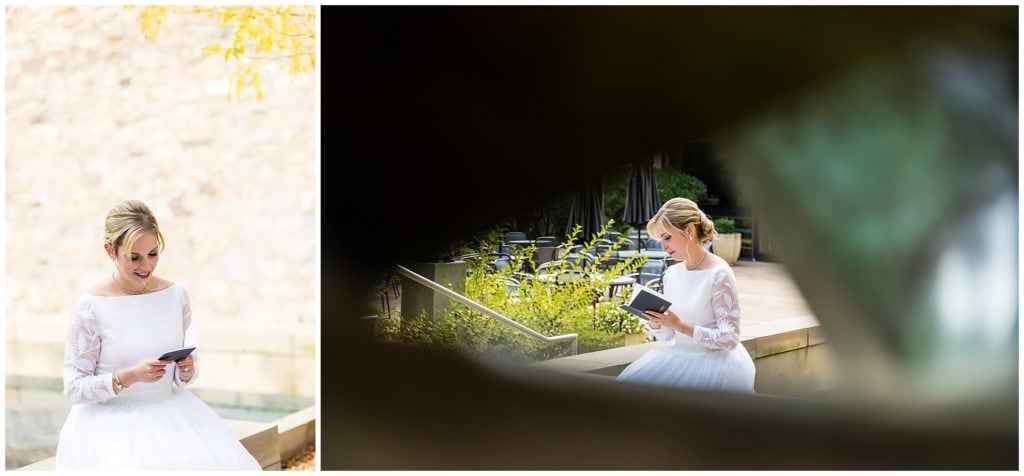 Bride reading letter from the groom before wedding ceremony at the Michener Museum