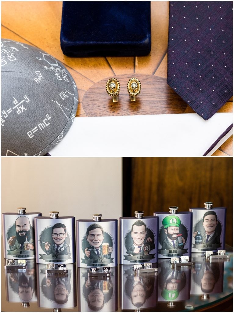 Groom wedding details with tie, cufflinks, e=mc2 kippah, and custom groomsmen flasks