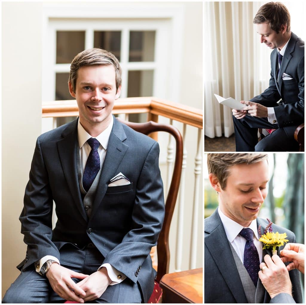 Traditional groom portrait with groom reading his letter from the bride and his father pinning boutonniere on