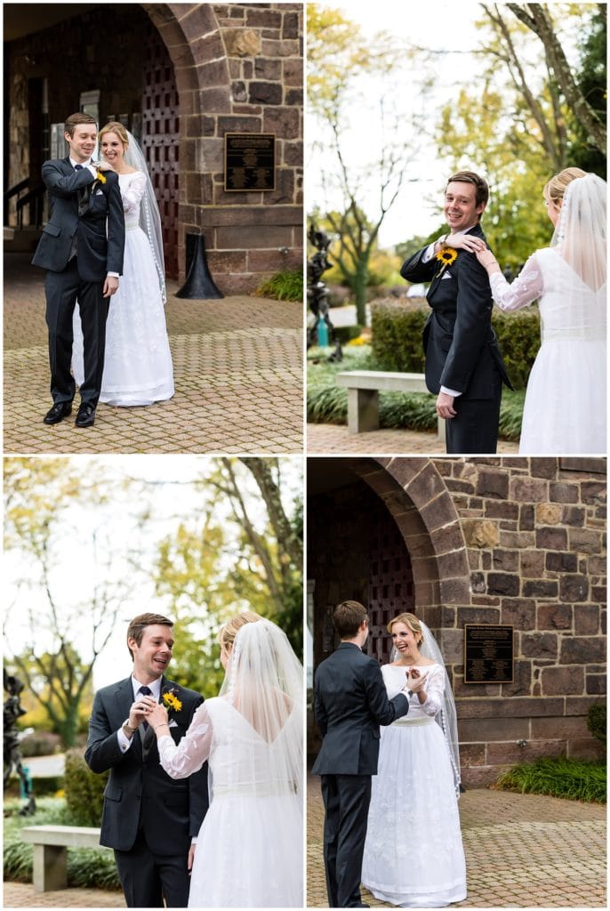 Groom turning around to see bride for first time during first look at Michener Museum wedding